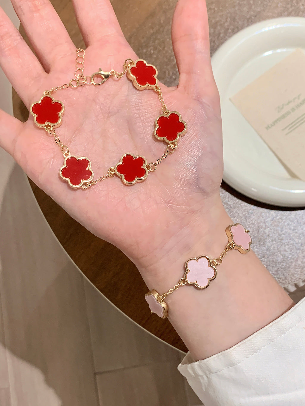 Multi-Color Five-Leaf Clover Bracelet Set – Gold-Plated Flower Alloy Design for Daily Wear & Gifting