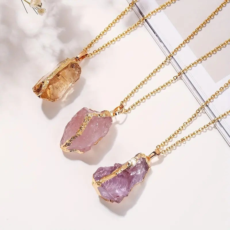 Natural Stone Crystal Irregular Pendant Necklace – Alloy Chain