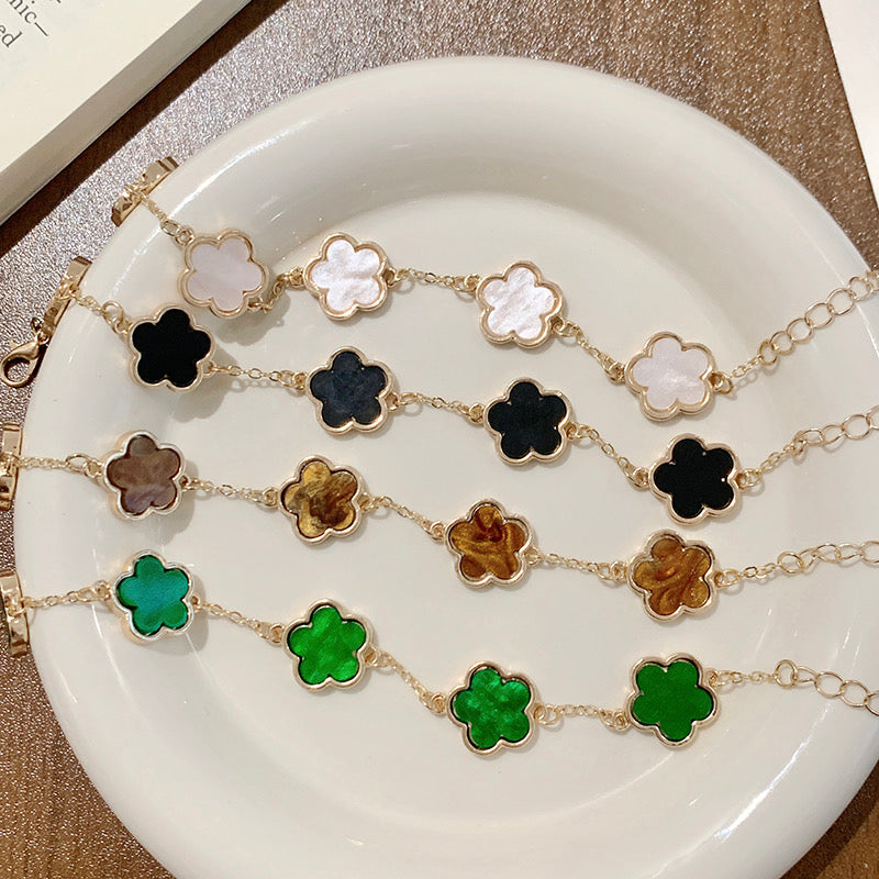 Multi-Color Five-Leaf Clover Bracelet Set – Gold-Plated Flower Alloy Design for Daily Wear & Gifting